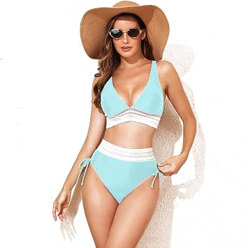 ALISSE Women High Waisted Bikini Sets Tummy Control Swimsuits Color Block Two Piece Drawstring Bathing SuitColorSky Blue,SizeL