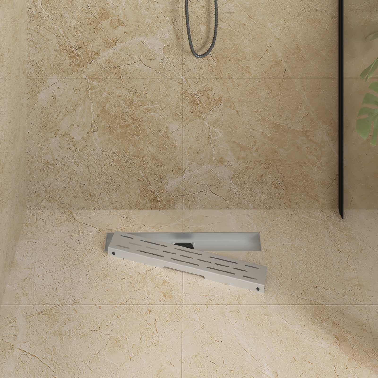 Duschabfluss aus Edelstahl 304 mit Glashülle, 360° Siphon und Linienabdeckung Silber 50 cm, höhenverstellbar 0-30 mm, fliesenfähig für Bad und Dusche