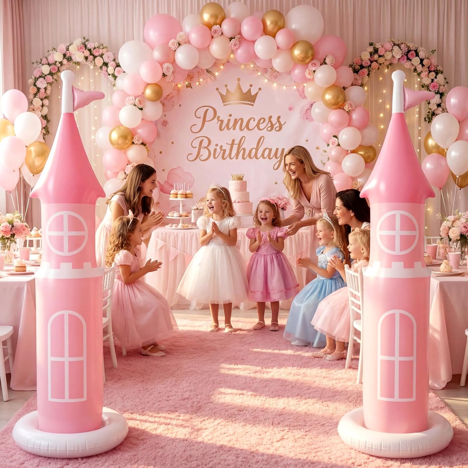2 Pack 6.2 ft Birthday Party Decorations, Castle Inflatable Stand Castle Blow up Yard Decorations for Garden Indoor Outdoor Party Supplies(Pink, Princess)