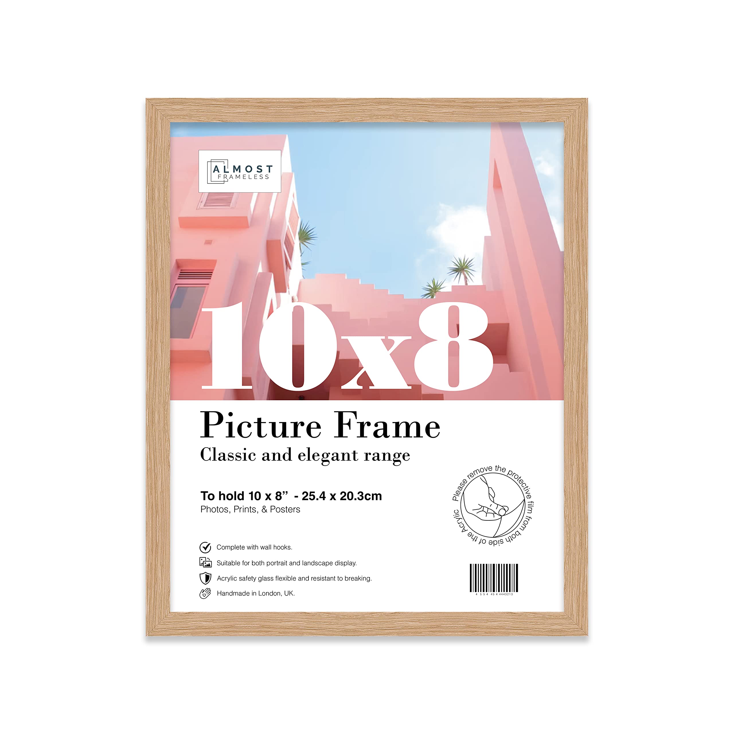 Almost Frameless 10x8 Oak Picture Frame 10"x8"(25.4x20.3cm) Poster, Photo, Artwork, or Print. Thin Edge Slim Frame Portrait and Landscape Display with Wall Hooks