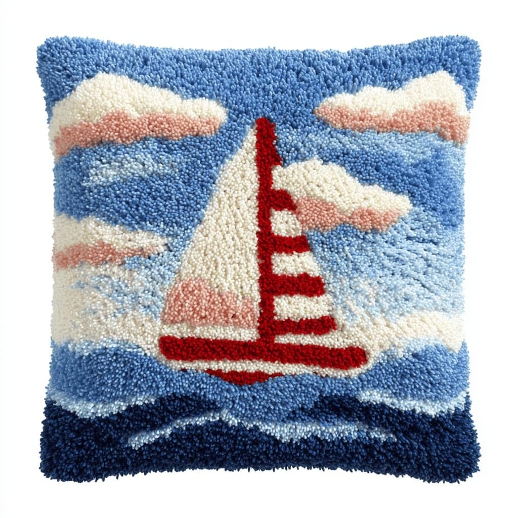 AxiangziK Latch Hook Cushion Kits,Sailboat DIY Needlework Pillow Cover Cushion Rug Making Kit,17X17Inch Handmade Embroidery Kits, Decorative Throw Pillow Cover for Sofa Cushions, Bedroom Decor