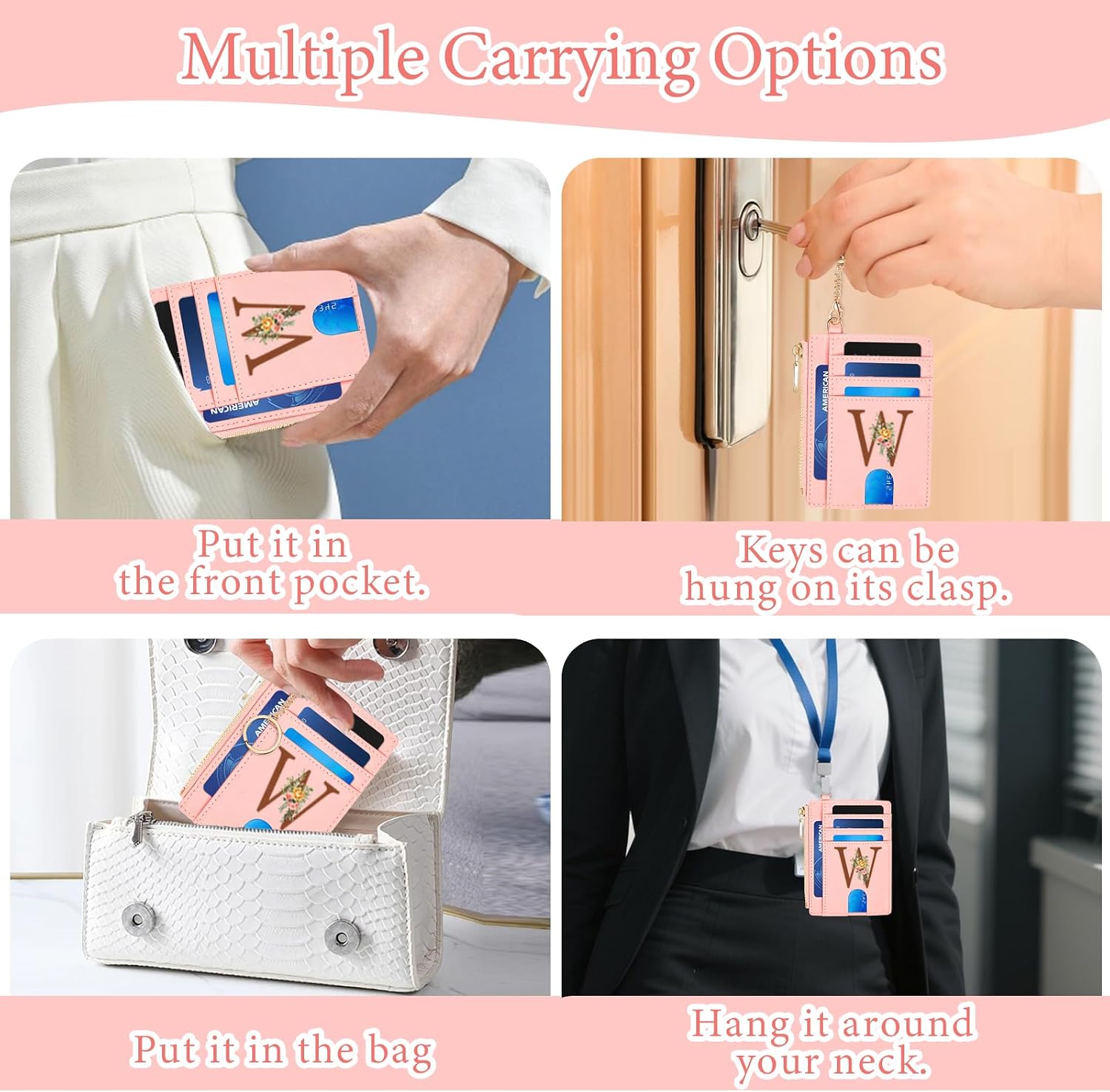 Slim Wallet for Women Credit Card Holder with D-Shackle ID Window and Detachable keychain, Birthday Gifts for Women Her Freind Sister Girlfriend,Initial Letter W(Pink)