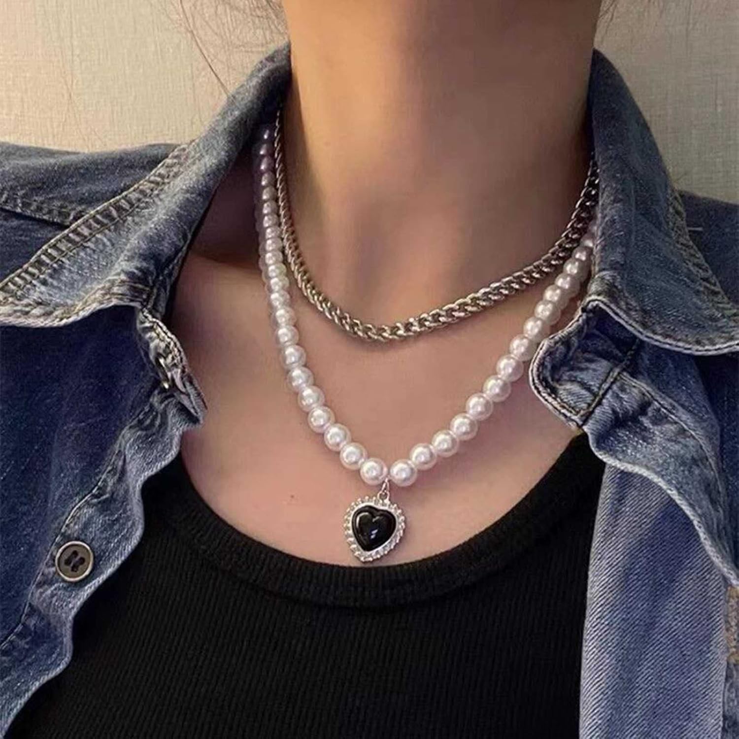 Layered Pearl Choker Necklace Black Crystal Heart Pendant Necklace Faux Pearl Chain Love Heart Necklace Vintage Silver Pearl Collar Necklace Jewelry for Women - Image 6