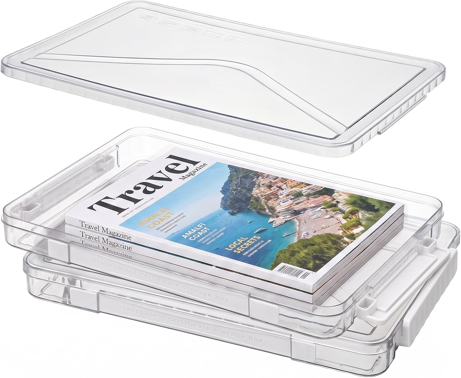 Clear Document Box, Portable A4 Paper Storage Organizer with Snap Latches, Stackable File Case for Certificates Photos Letter Size, Magazine Protector, 14.37" x 9.44" x 1.37" (2 Pack), White