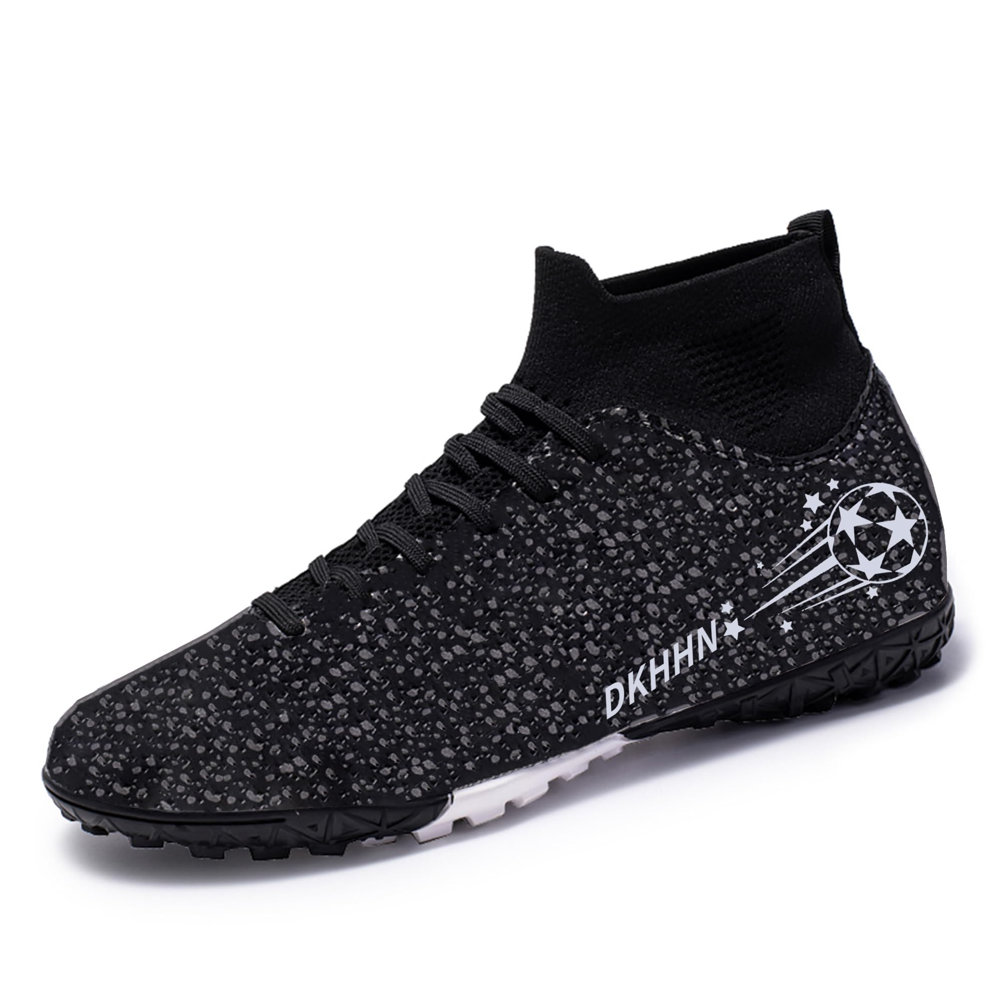 Men's Soccer Cleats Football Shoes High-Tops Lace-Up Indoor TF Spikes Adult Wide Training Boots 8 Black-9160