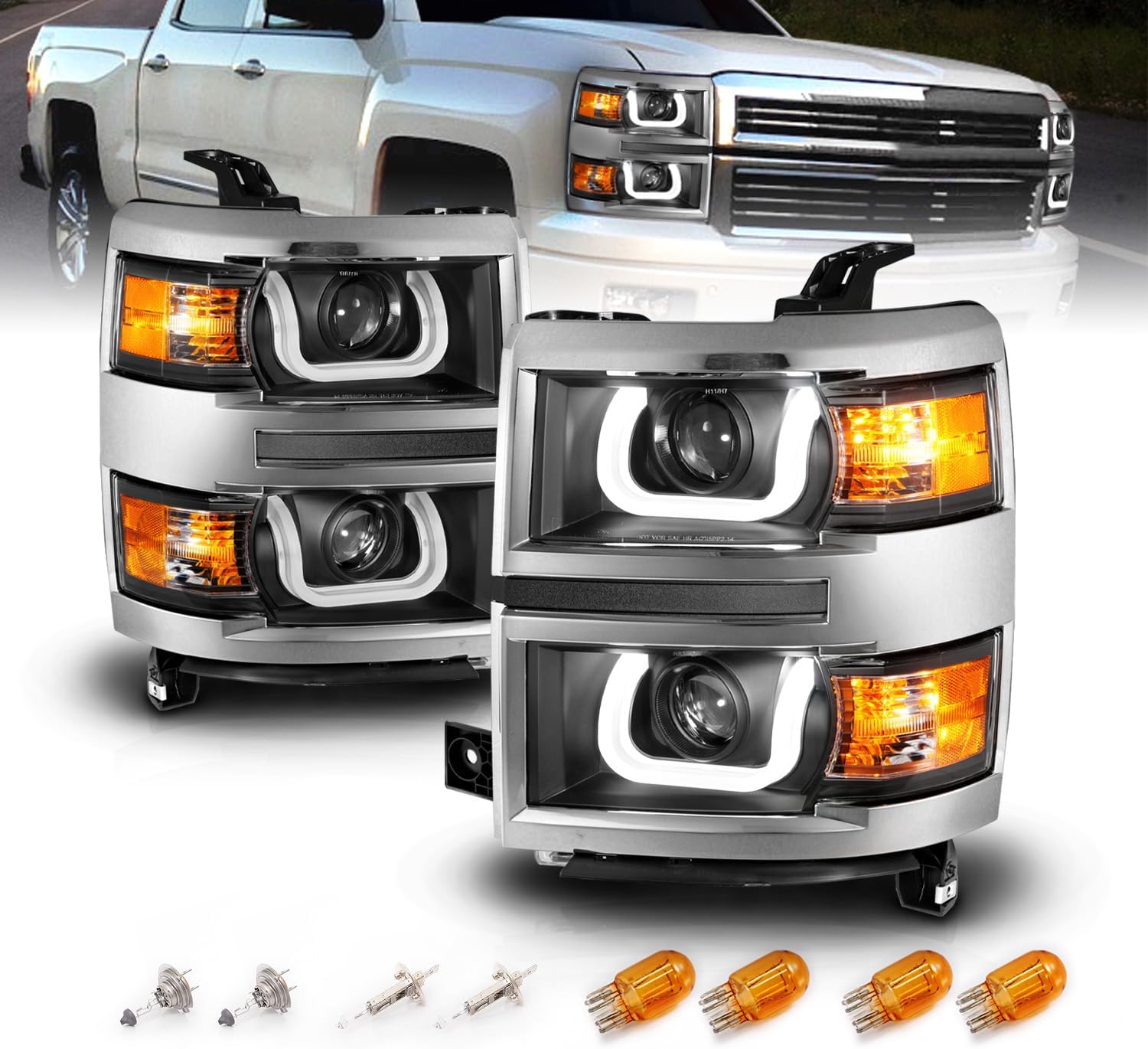 AmeriLite for 2014-2015 Chevy Silverado 1500 Pickup Truck U-Type LED Tube Quad Projector Black Replacement Headlights Pair - Driver and Passenger Side