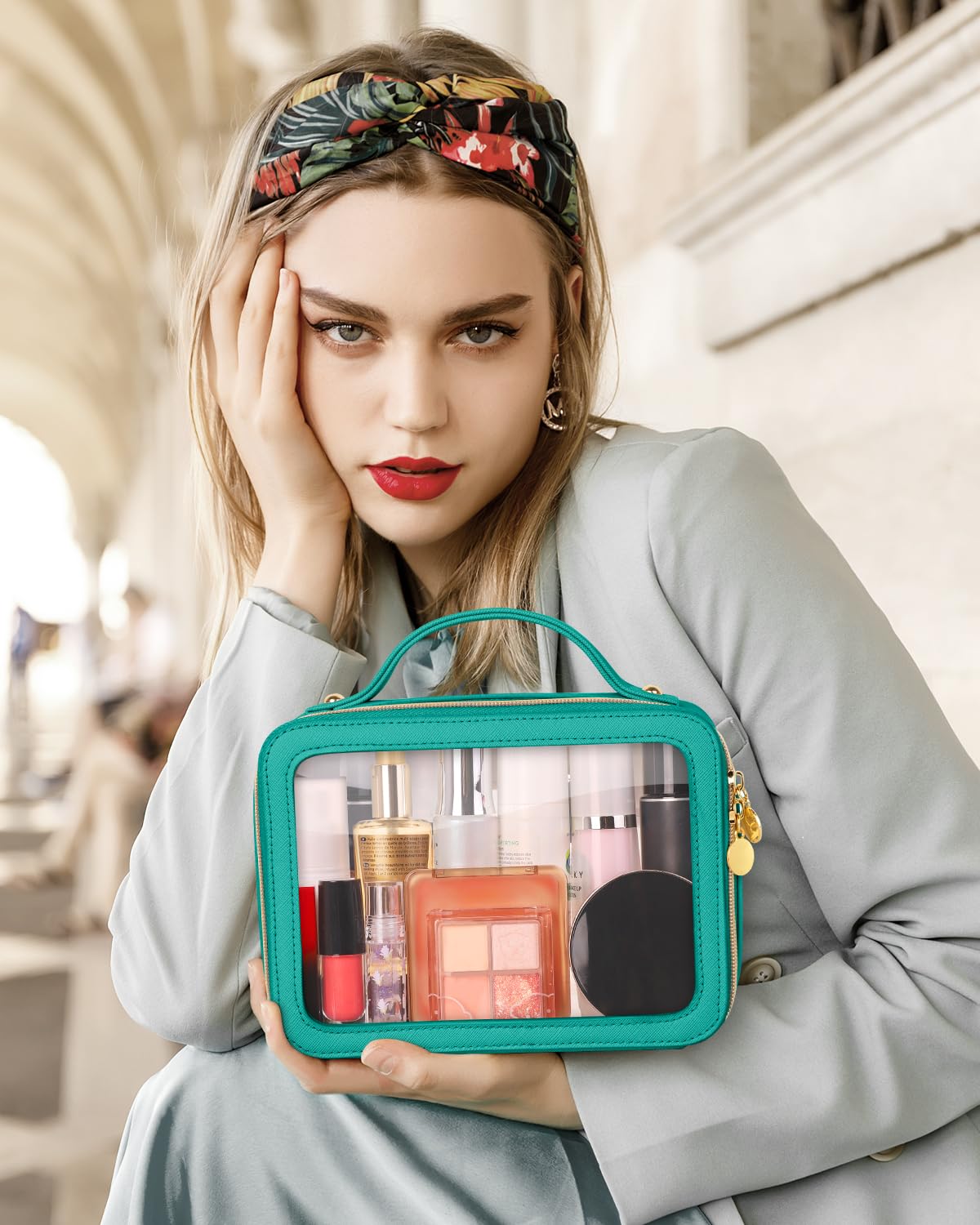 Soimeat Bolsa de maquillaje transparente, bolsas de cosméticos de viaje portátiles, bolsa de aseo multiusos de cuero con cremallera, organizador de cosméticos transparente impermeable para mujeres,