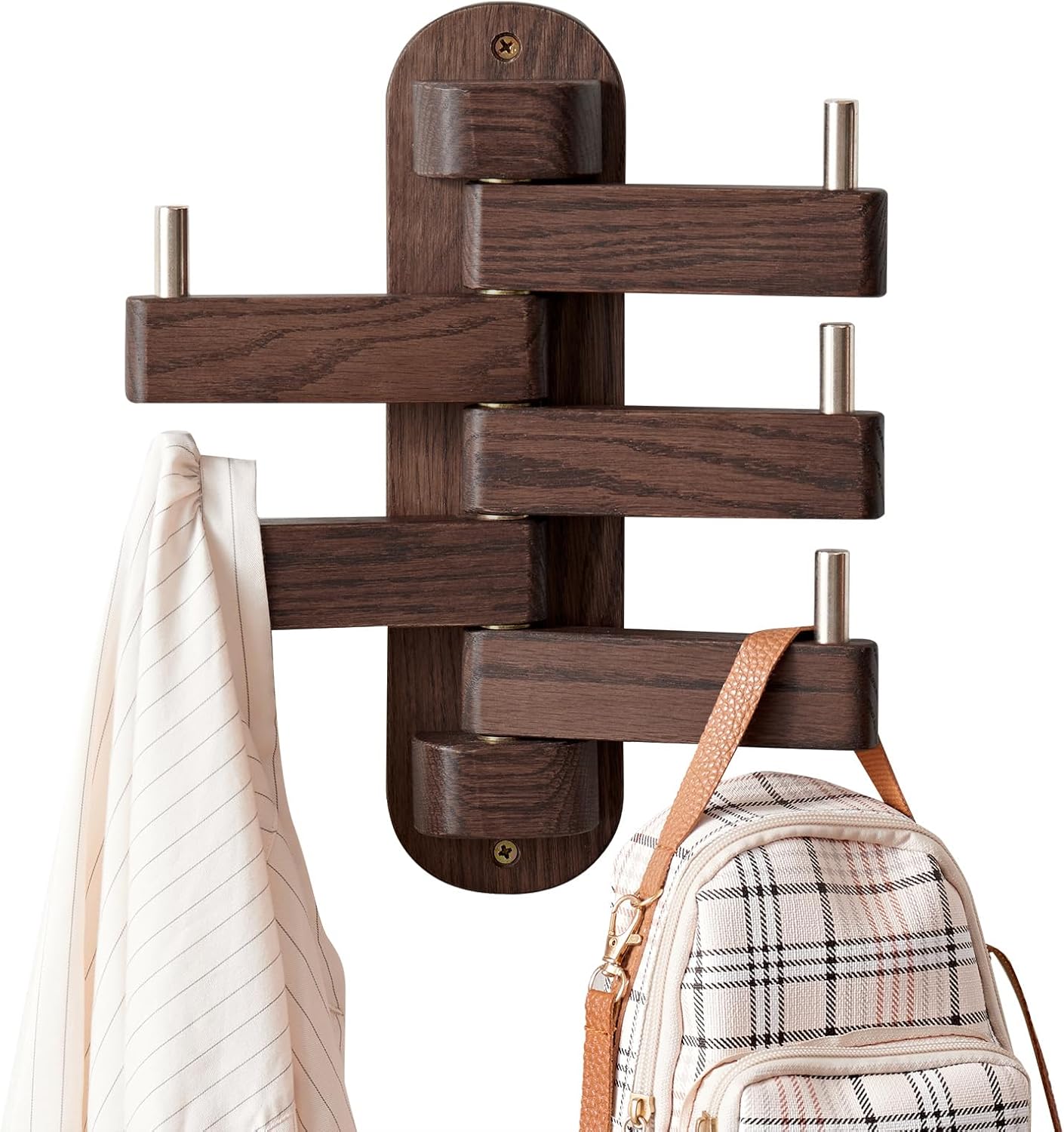 Swivel Coat Rack for Wall, Oak Wood Coat Hooks Wall Hooks with 5 Swivel Foldable Arms, Entryway Shelf for Bedroom, Entryway, Living Room, Bathroom,Office, Classroom, Heavy Duty (Walnut)