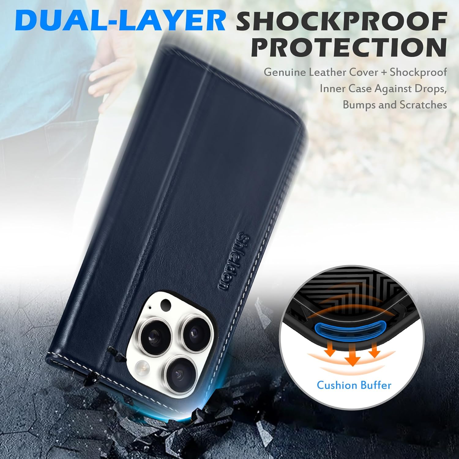 SHIELDON Case for iPhone 16 Pro 6.3", Genuine Leather Wallet Flip Magnetic Cover RFID Blocking Credit Card Holder Kickstand TPU Shockproof Case Compatible with iPhone 16 Pro 5G - Retro Dark Blue