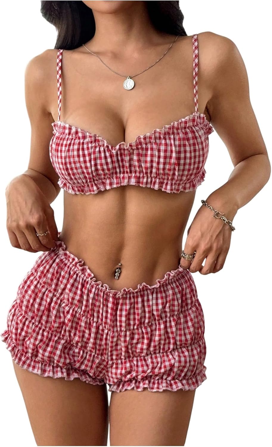 SOLY HUX Women's Summer Short Set 2 Piece Plaid Crop Camisole Bra Bloomer Shorts Festival Rave Outfits