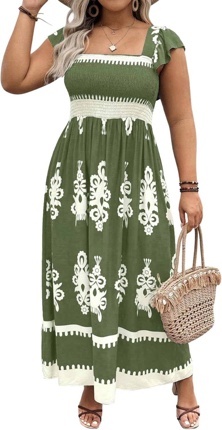 SHENHE Women's Plus Size Square Neck Tie Back Smocked Flutter Sleeve Flowy Maxi Boho Dress