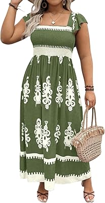 SHENHE Women's Plus Size Square Neck Tie Back Smocked Flutter Sleeve Flowy Maxi Boho Dress