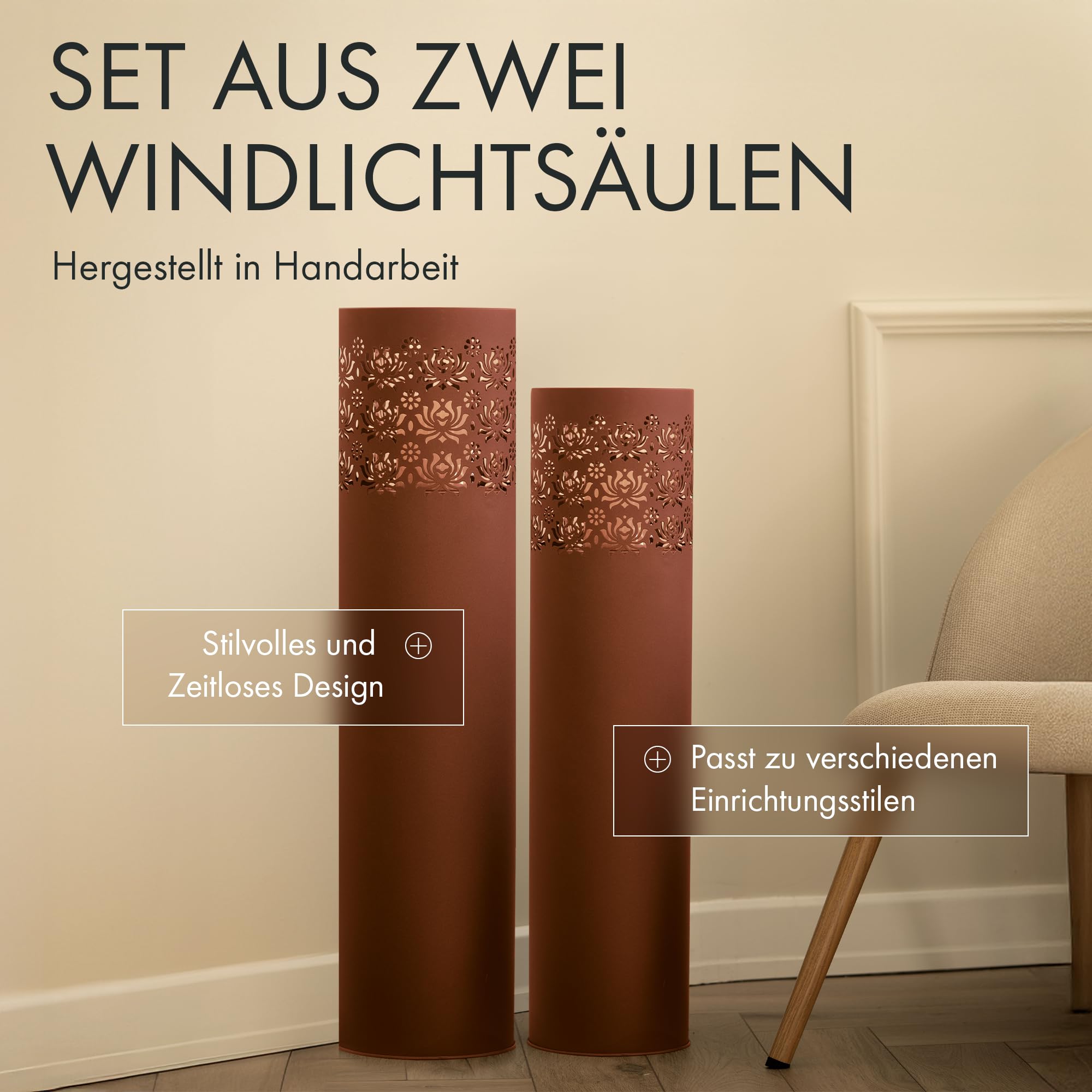 BeFair Dana Große Laternen-Säulen 2er Set Rostoptik mit Glas & Kerzen | 2 Laternen-Säulen in Rostoptik mit Glaszylindern und Kerzen für Garten, Terrasse, Balkon und Wohnbereich