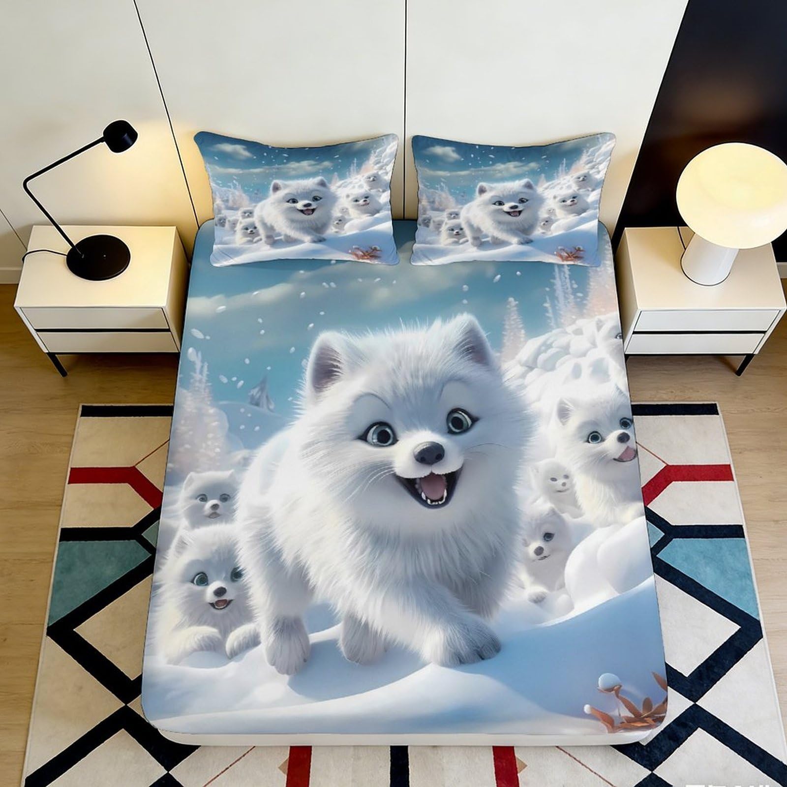 3D Printed Arctic Fox Fitted Sheet Microfiber Soft Snow Scene Bed Cover for Bedroom Dorm Room Mattress Protection Decor 90x200x25cm