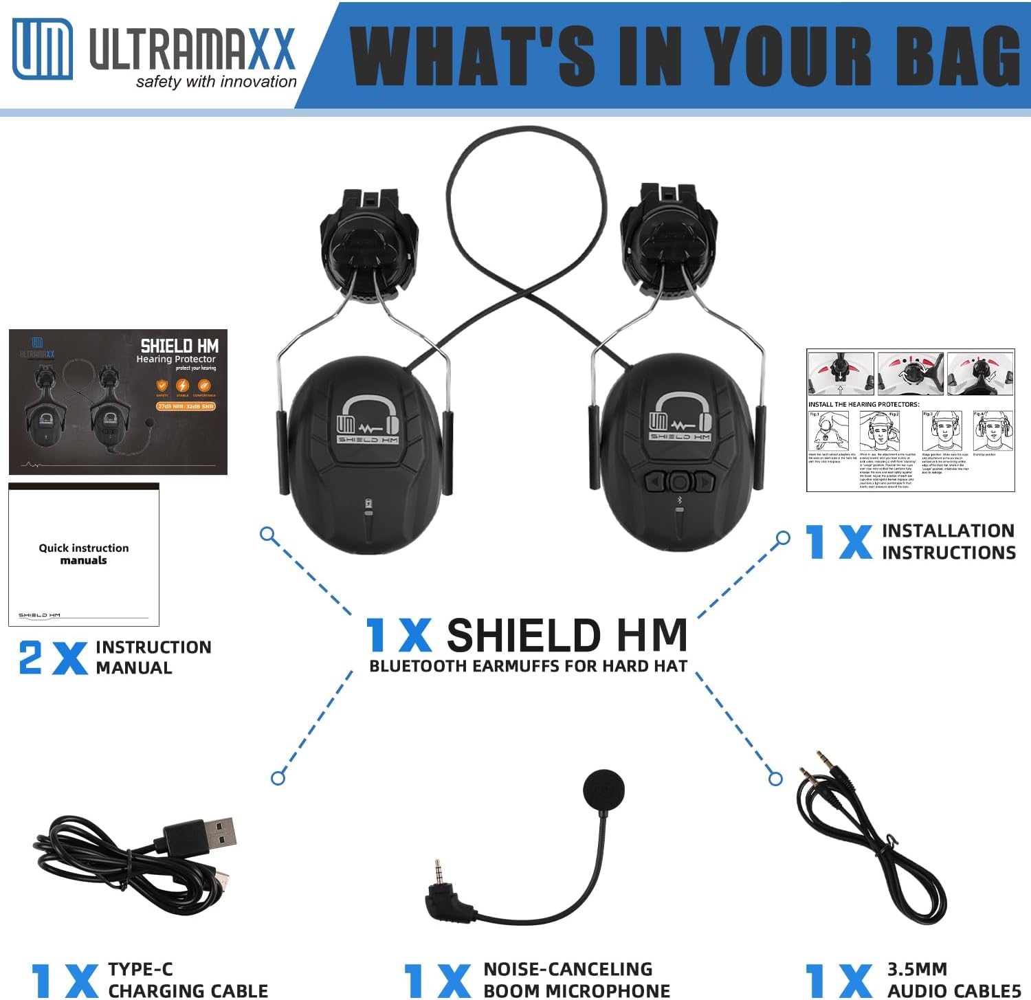 Bluetooth Hard Hat Ear Muffs, NRR 27 dB Adjustable Cap-mounted Work Headphones, Helmet Attachable Muff With Mic