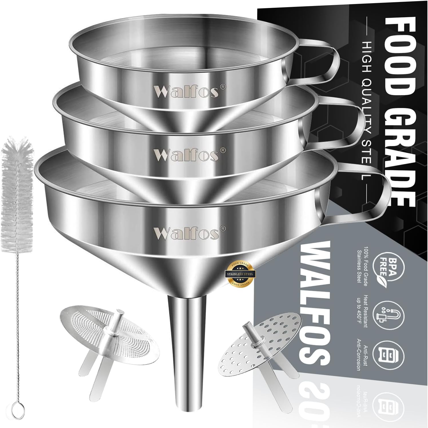 Stainless Steel Funnel, Walfos 3 Pack Kitchen Funnel with 2 Removable Strainer ＆ 1Pcs Cleaning Brush, Perfect for Transferring of Liquid, Oils, Jam, Dry Ingredients &amp; Powder