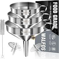 Walfos Stainless Steel Kitchen Funnel Set, 3 Pack with 2 Removable Strainers & Cleaning Brush for Liquids, Oils, Powders