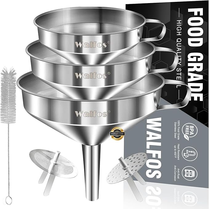 Stainless Steel Funnel, Walfos 3 Pack Kitchen Funnel with 2 Removable Strainer & 1Pcs Cleaning Brush, Perfect for Transferring of Liquid, Oils, Jam, Dry Ingredients & Powder
