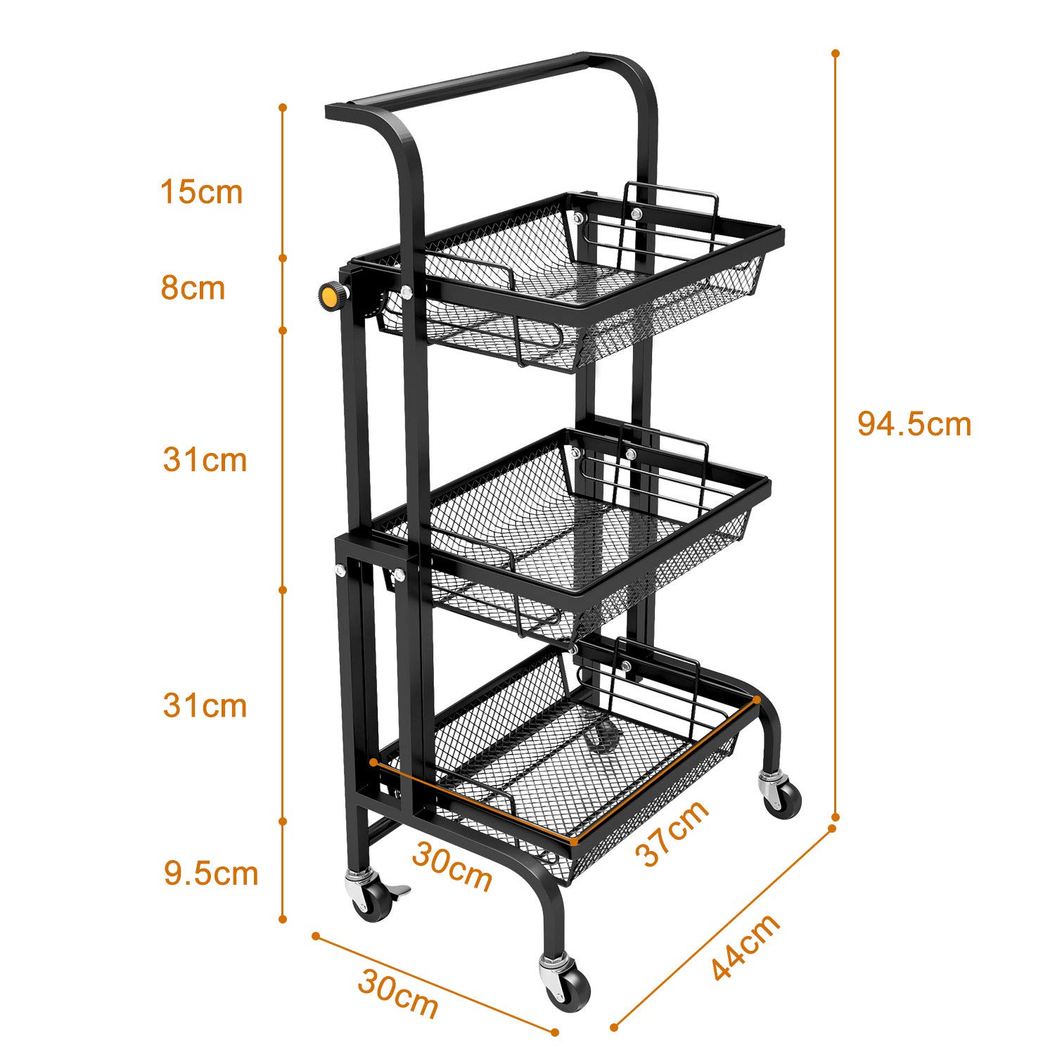 BEEY 3Tier Metal Utility Rolling Cart with Locking Wheels Black