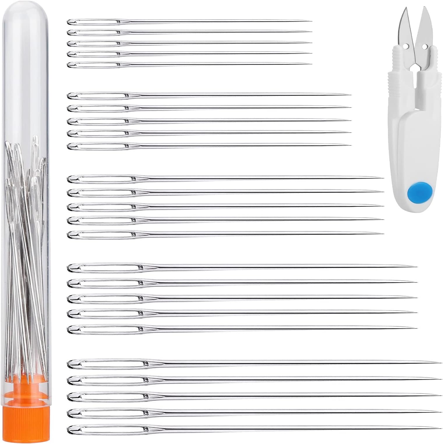 25Pcs Assortment Large Eye Needle Set, Big Eye Embroidery Knitting Darning Stitching Needles with Sharp Point, 5 Sizes Hand Sewing Needles with Scissors 1.65” 1.8” 2” 2.2” 2.36”