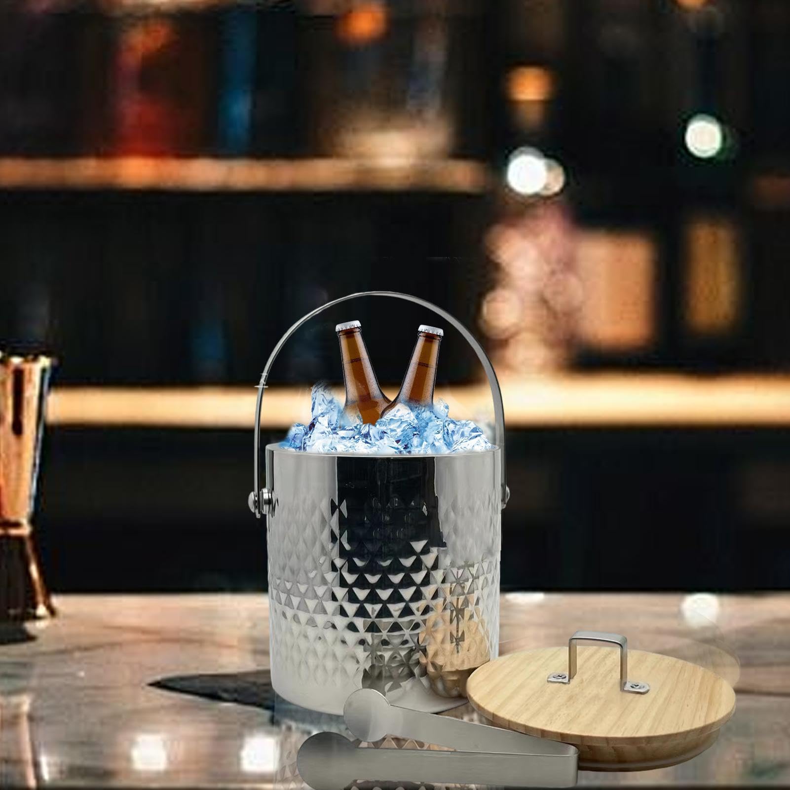 Cubitera para Bar,Cubitera para Hielo | de Acero Inoxidable con asa | Keep Ice Home Party Cubo de Hielo con Pinzas para cócteles, Vino, champán, Whisky
