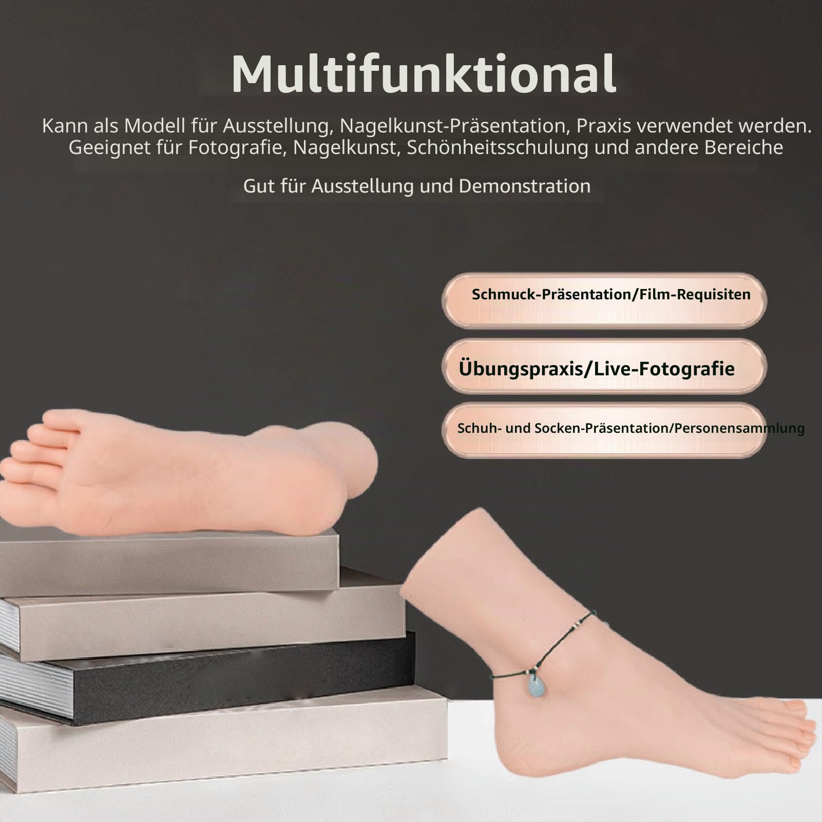 Premium Silicon Foot Mannequin, Lebensechte Flexible Gelenkpositionierungsmodell für Nagelkunst -Fotoshooting -Display, Geeignet für Schönheitstraining (Rechter Fuß)