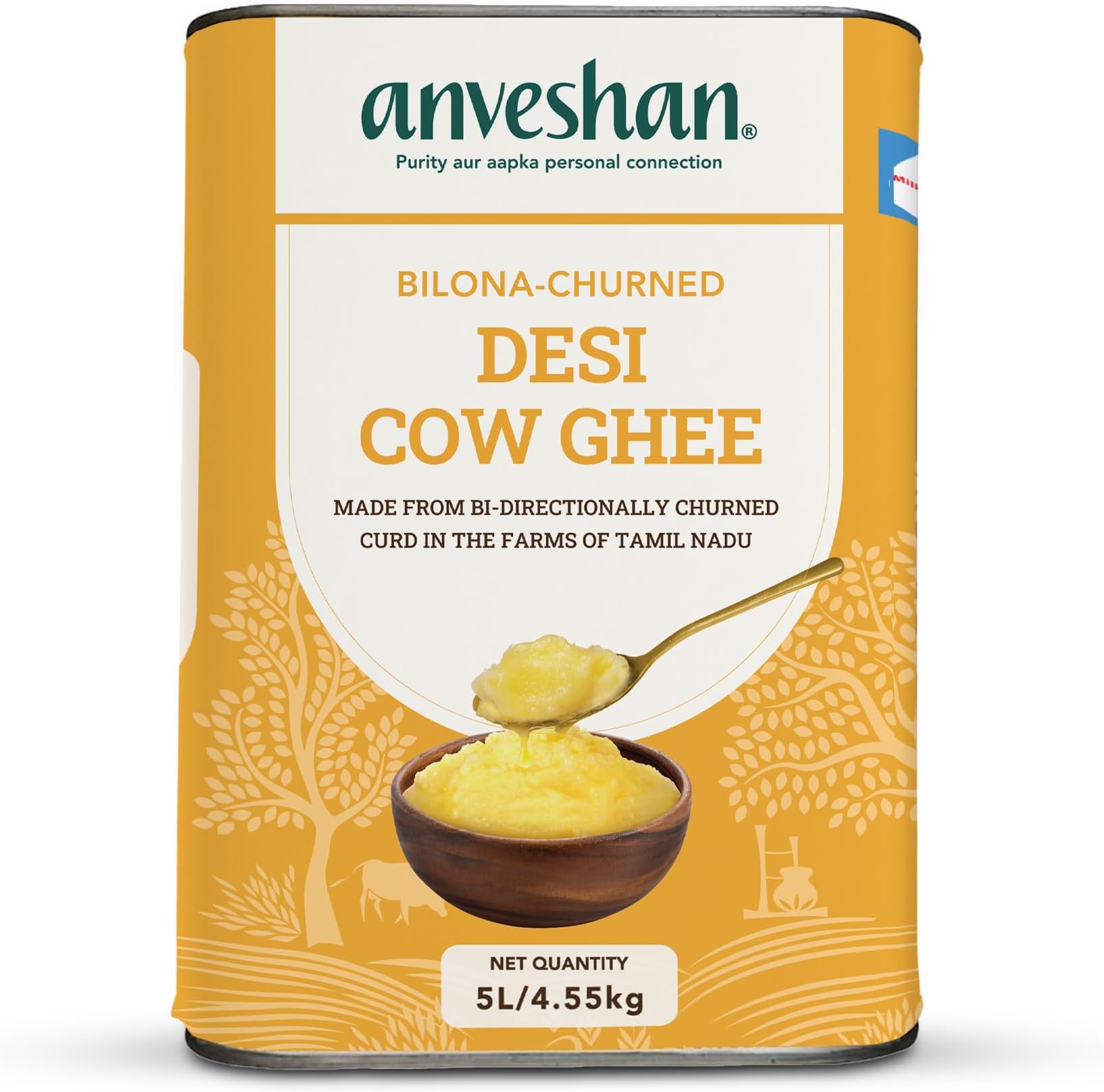 Anveshan A2 Desi Cow Ghee 5L | Traditionally Bilona-Churned, Danedar Ghee | Aromatic| NABL Lab Tested (70+ tests), Cruelty-Free | Grass-Fed | Glass Jar