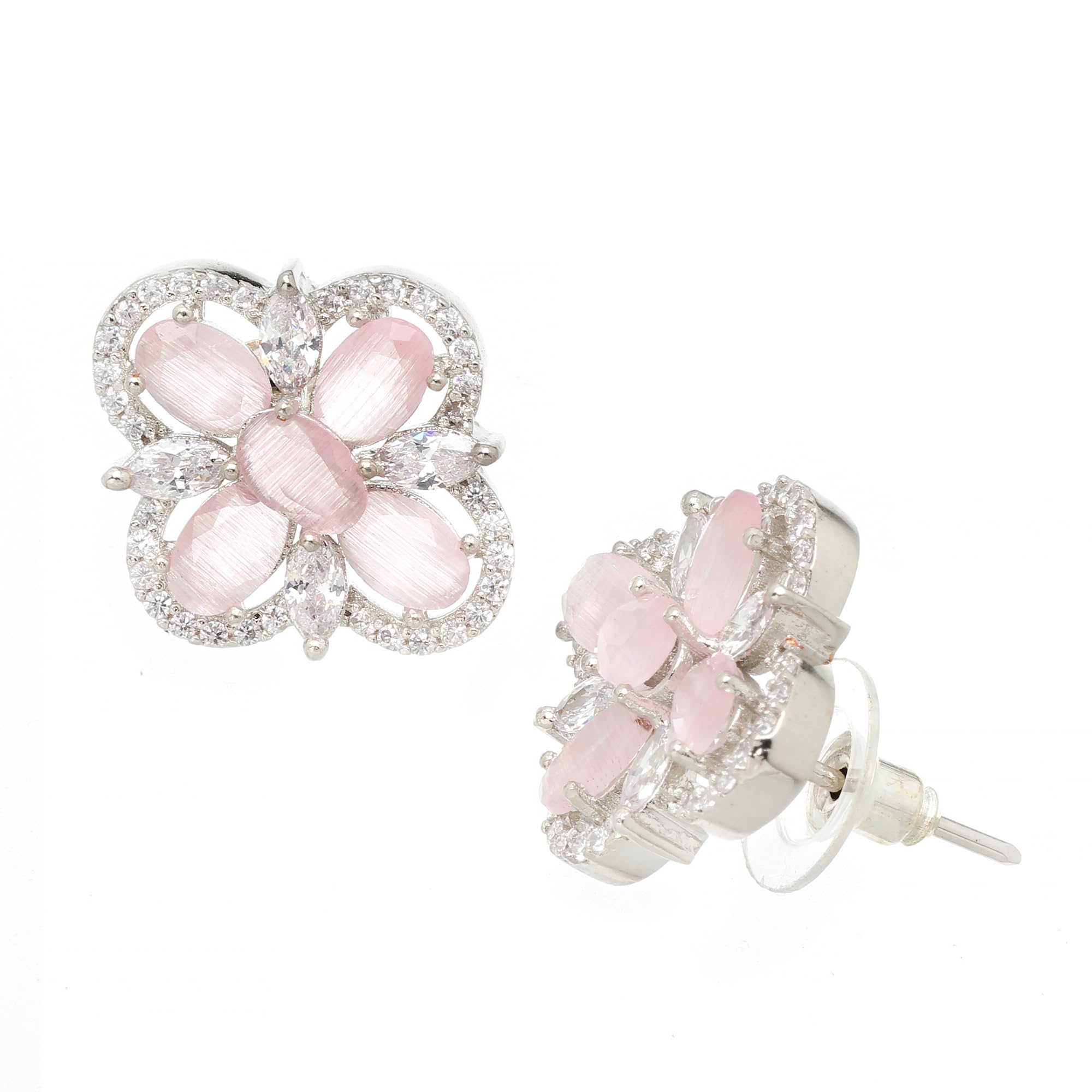 Rhodium-Plated American Diamond Floral Stud Earrings