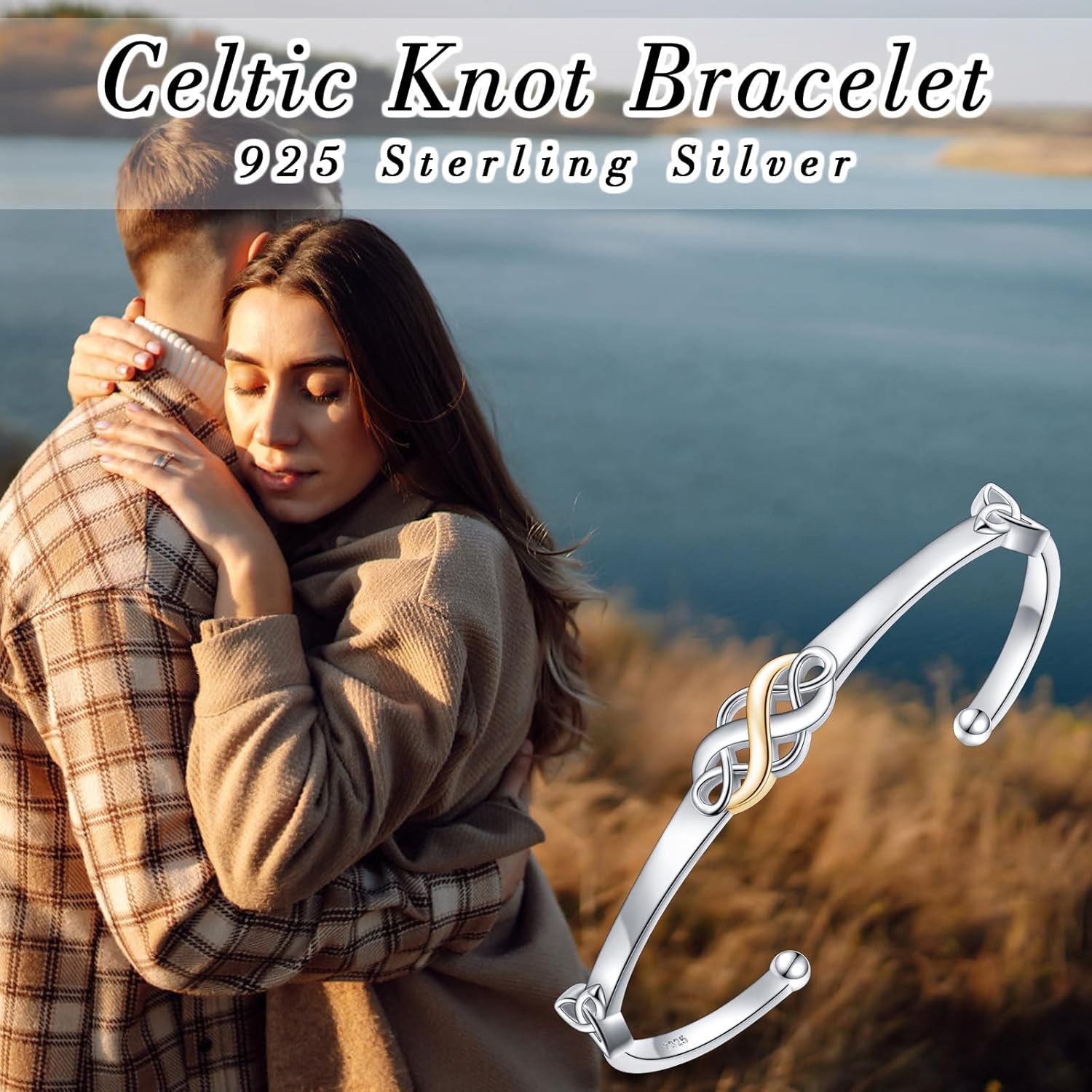 FLYOW Two Tone Irish Celtic Knot Bracelet 925 Sterling Silver Infinity Love Good Luck Irish Cuff Bangle Bracelet Birthday Valentine's Day Gifts Jewelry for Women - Image 6