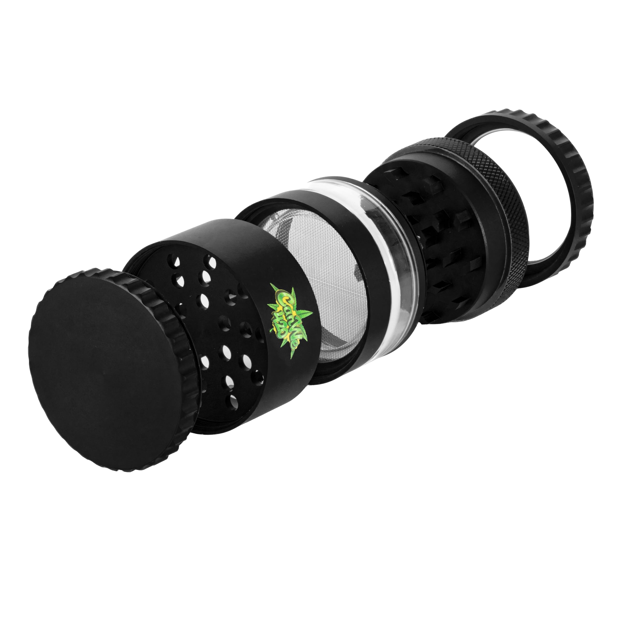 CanWe420 Aluminium Grinder [Mit Lupe & Sichtfenster] – 4-teiliger Metallgrinder Schwarz (inkl. Pollensieb & Magnetdeckel) – Grinder für Kräuter & Blüten (Effizient & Präzise)