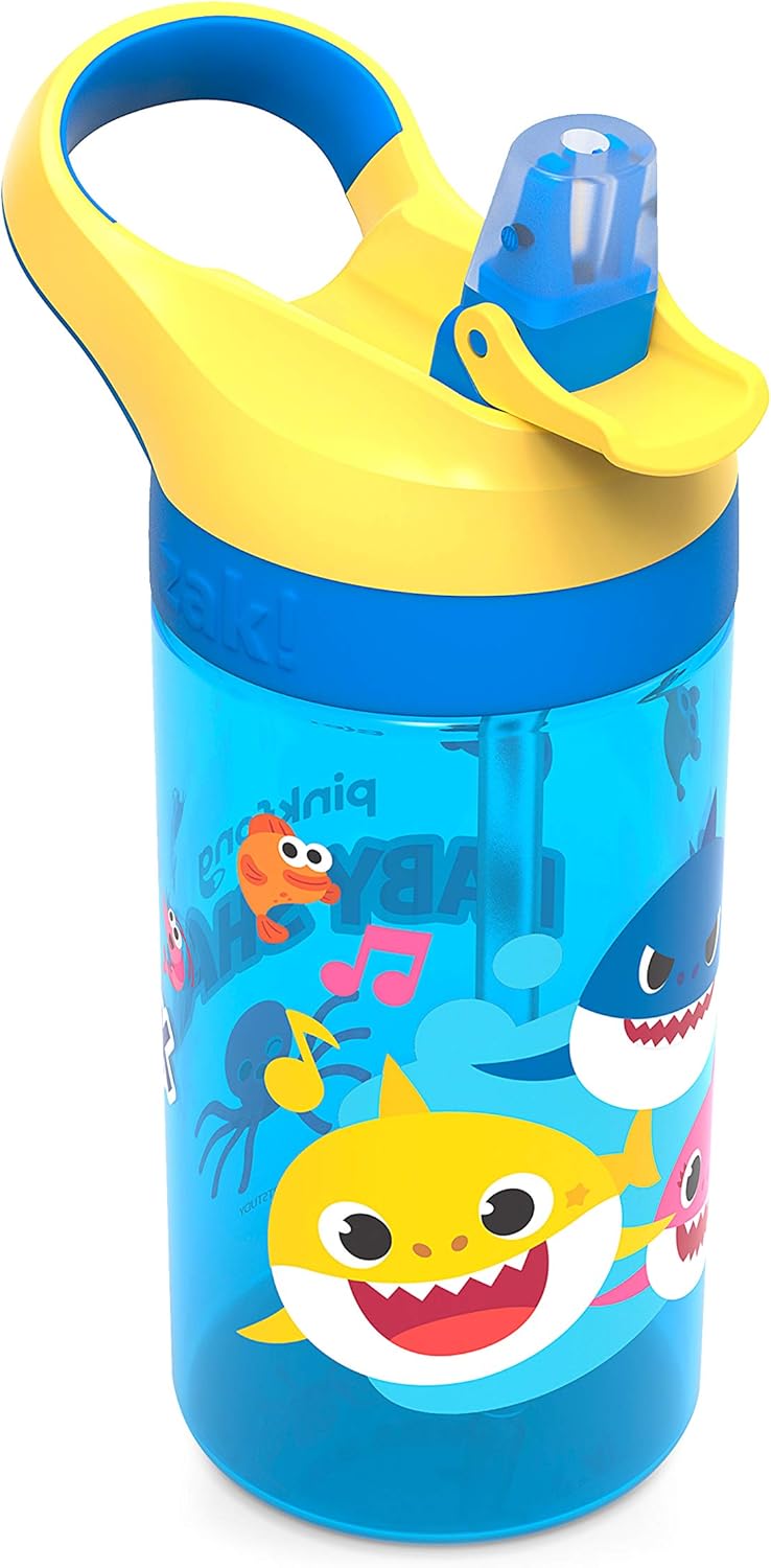 Zak Designs Baby Shark Kids Water Bottle with Straw and Built in Carrying Loop Made of Durable Plastic, Leak-Proof Design (16 oz: Home & Kitchen