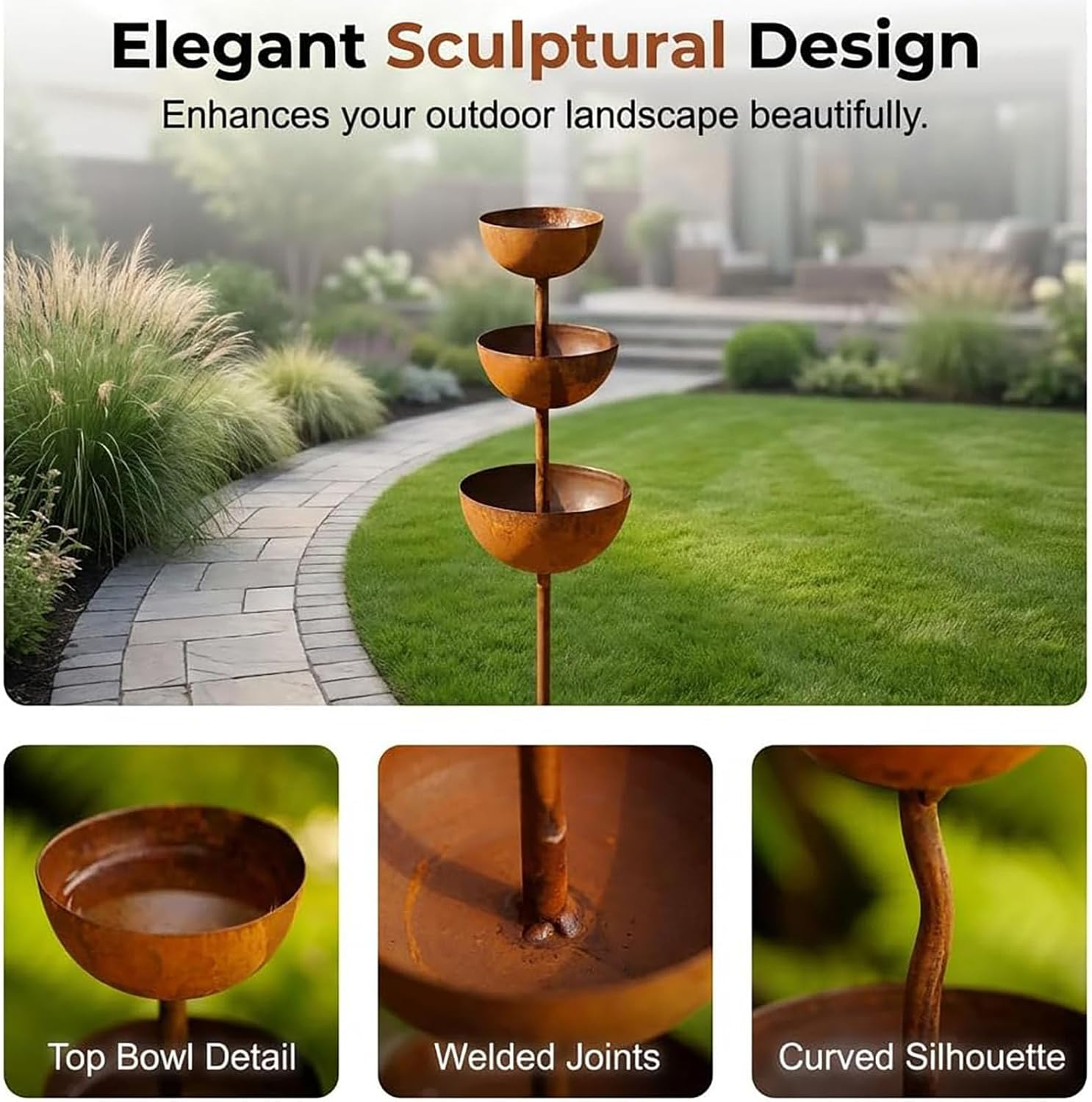 Rain Catcher - Plant Support Metal Garden Ornament, 2026 New 3-Tiered Rain Catcher Garden Stake with Water Bowls, Bird Bath & Butterfly Watering Station for Outdoor Garden Patio Yard Lawn Decor (2Pcs)