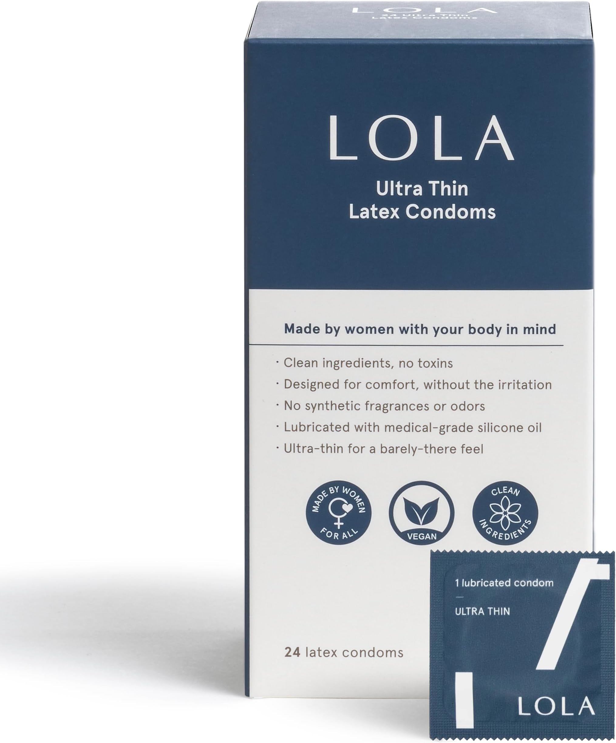 LOLA Regular Ultra Thin Natural Condoms, Regular Size 52mm x 189mm | Vegan-Friendly, Organic, Sensitive Skin Safe, Durable Natural Barrier, Pack of 24