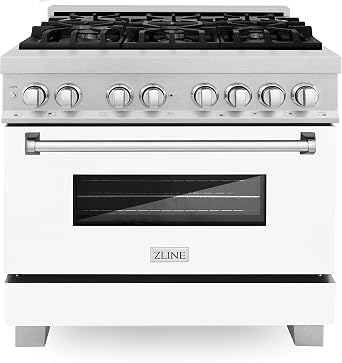 ZLINE 36 in. 4.6 cu. ft. Legacy Dual Fuel Range with 6 Burner Gas Cooktop and Electric Convection Oven in Satin Stainless Steel and White Matte Door (RAS-WM-36)