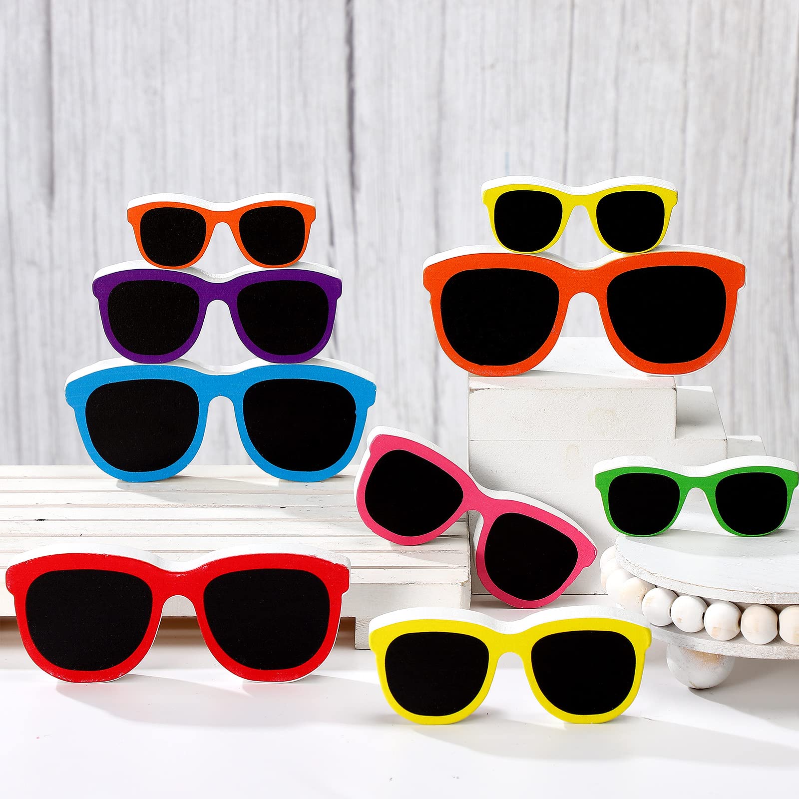 9 Pcs Summer Tiered Tray Decor Wooden Sunglasses Decor Farmhouse Wooden Sunglasses Table Decorations Wooden Sunglasses Sign Ornament for Shelf Tabletop Party Home Supplies