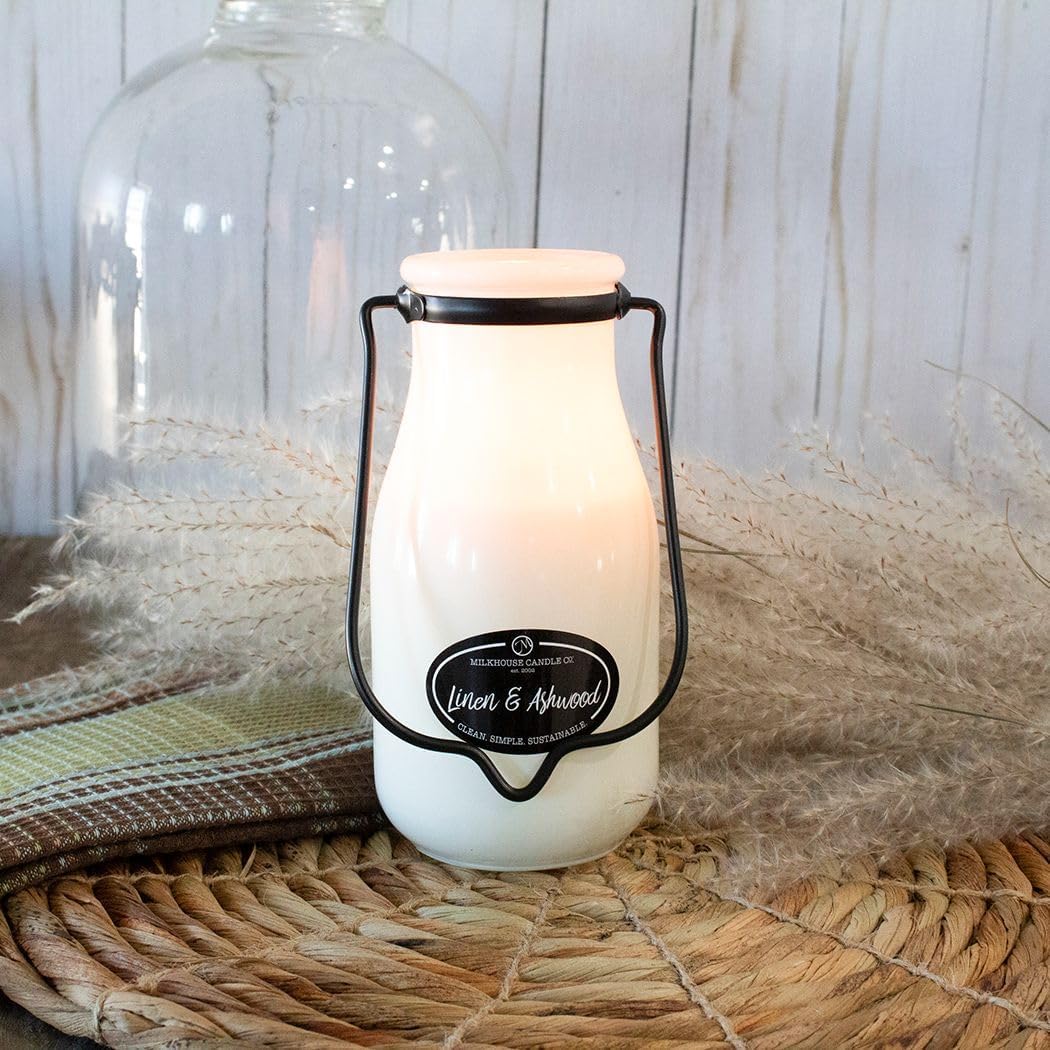 Milkhouse Candle Company Linen & Ashwood Soy Candle - Grey Musk | Dark Gilded Fruits | Tonka Bean & Amber Scented - 14 oz Milkbottle with Lid, 90+ Hour Burn Time, Made in the USA