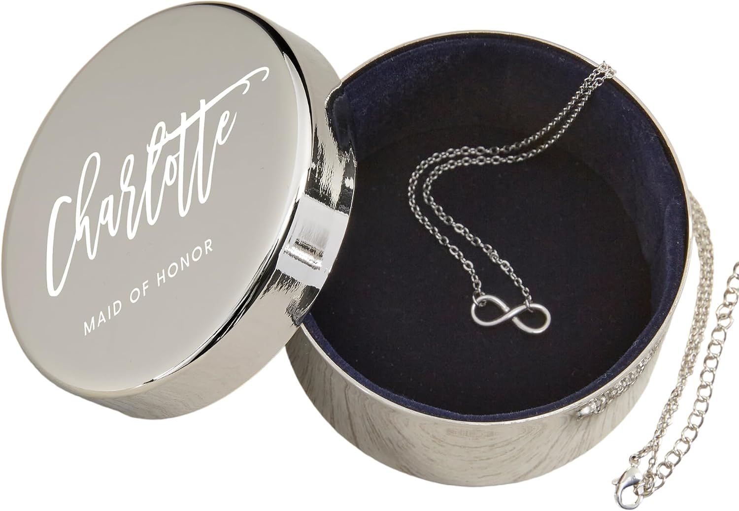 Personalization Universe - Scripty Custom Name Engraved Jewelry Box Set with 14K Gold Infinity Necklace - Perfect for Mother's Day, Bridesmaid & Wedding Gift