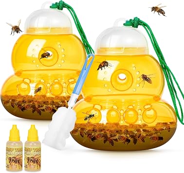 2 Pack Reusable Wasp Traps Outdoor Hanging with Baits | Bee Traps for Outside with Bait Attractant Refills Yellow Jacket Trap Carpenter Hornet Trap Wasp Catcher for Outdoor