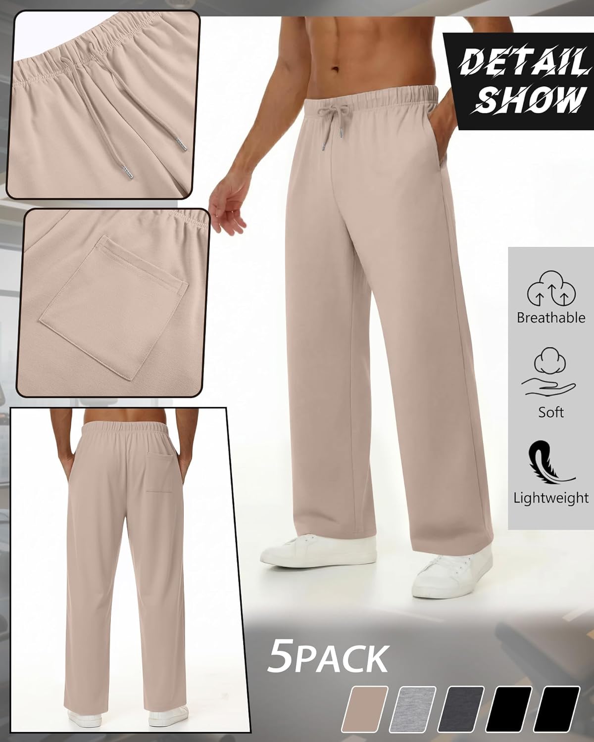 5 Pack Men's Lightweight Baggy Sweatpants Straight Leg Open Bottom Drawstring Pants with 3 Pockets - Image 2