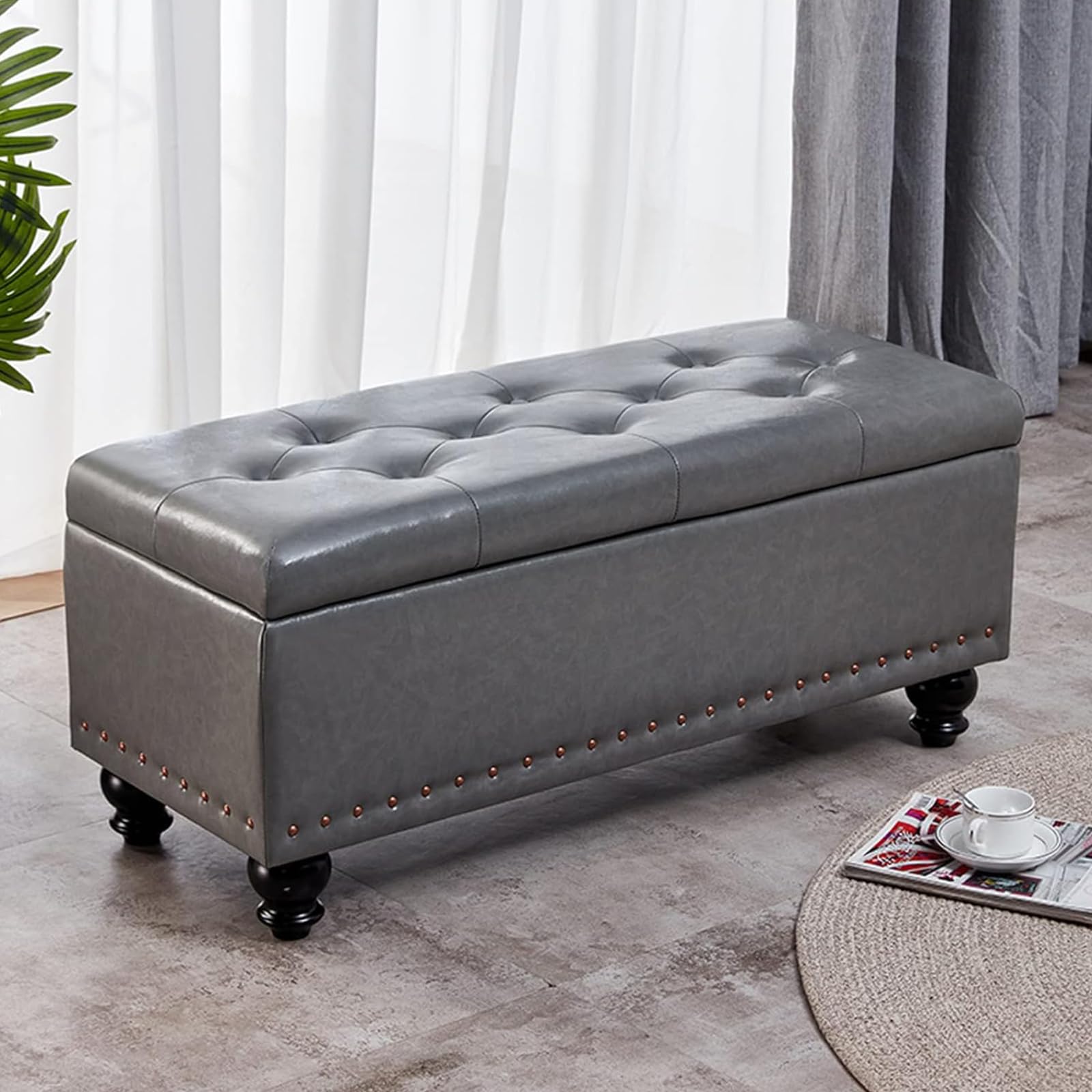 Puf Arcón Contenedor con Revestimiento De Piel Sintética, Reposapiés para Dormitorio, Banco, Taburete De Salón O Sofá con Estructura Y Patas De Madera,Gris,60 * 40 * 45cm