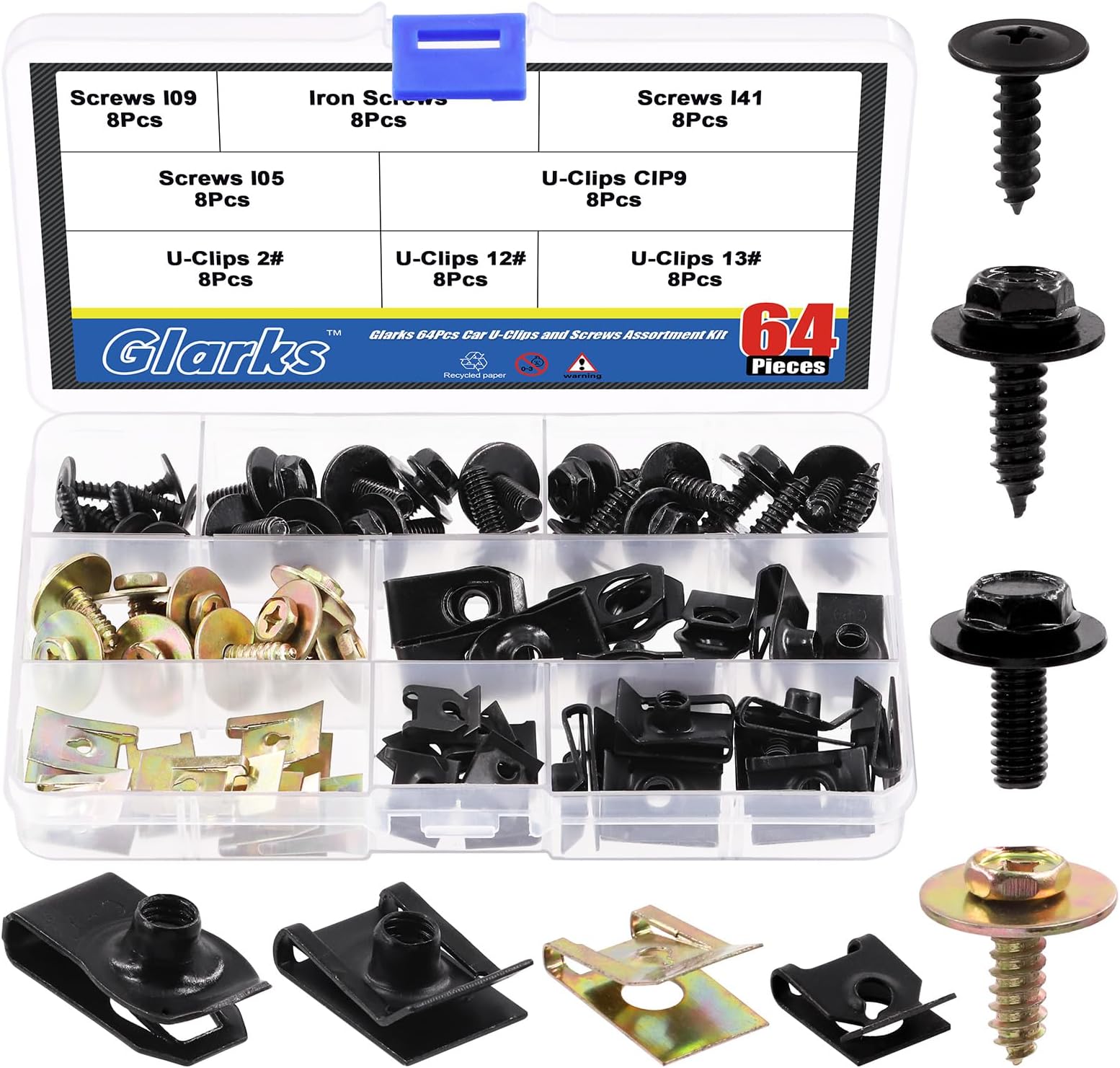 Glarks 64Pcs 8 Sizes Screw Bolt Nut Retainer Car Engine Under Cover Splash Shield Guard Body Bolts Bumper Fender Liner Push Retainer Fastener Rivet Clips Assortment Kit