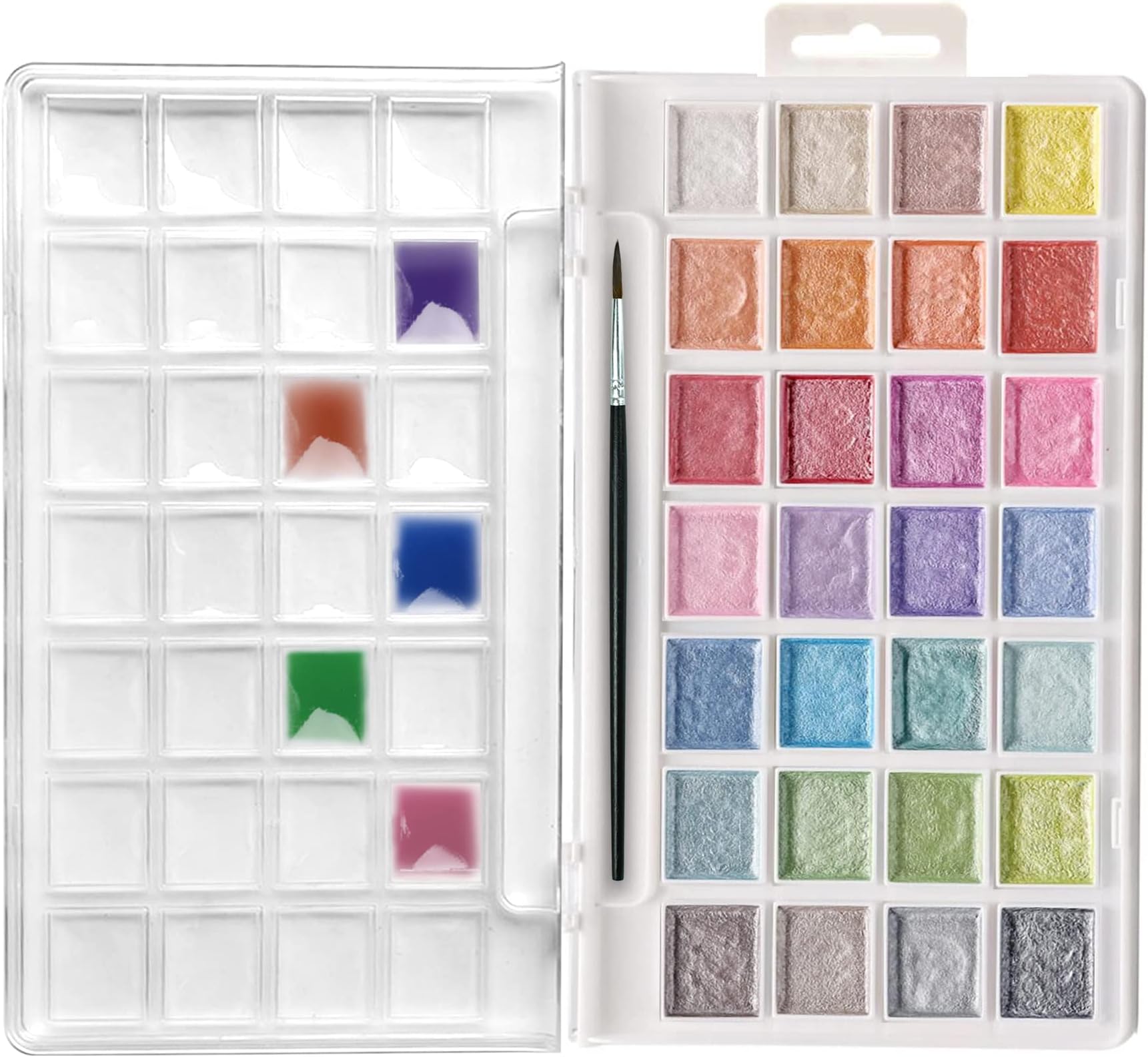 Artecho Watercolor Semi-Moist Paint Set, 28 Metallic Colors Watercolor Cake Set with Classic Paint Brush, Idea for Kids and Adults