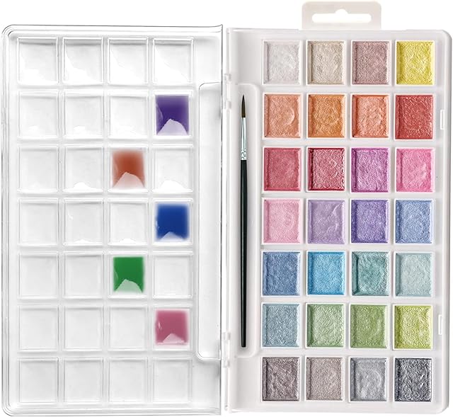 Artecho Watercolor Semi Moise Paint Set, 28 Metallic Colors Watercolor Cake Set with Classic Paint Brush, Pearlescent watercolor Idea for Kids and Adults