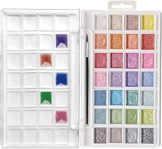 Artecho 28 Metallic Watercolor Paint Set, Glitter Colors, Semi-Moist Pea...