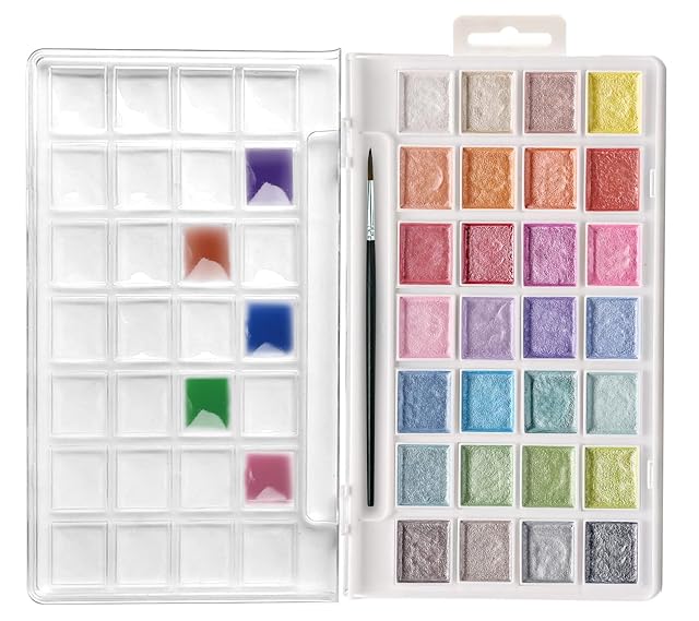 Artecho Metalizadas Acuarelas 28 Colors, Semi-Moist Watercolor, para Principiantes y Profesionales.