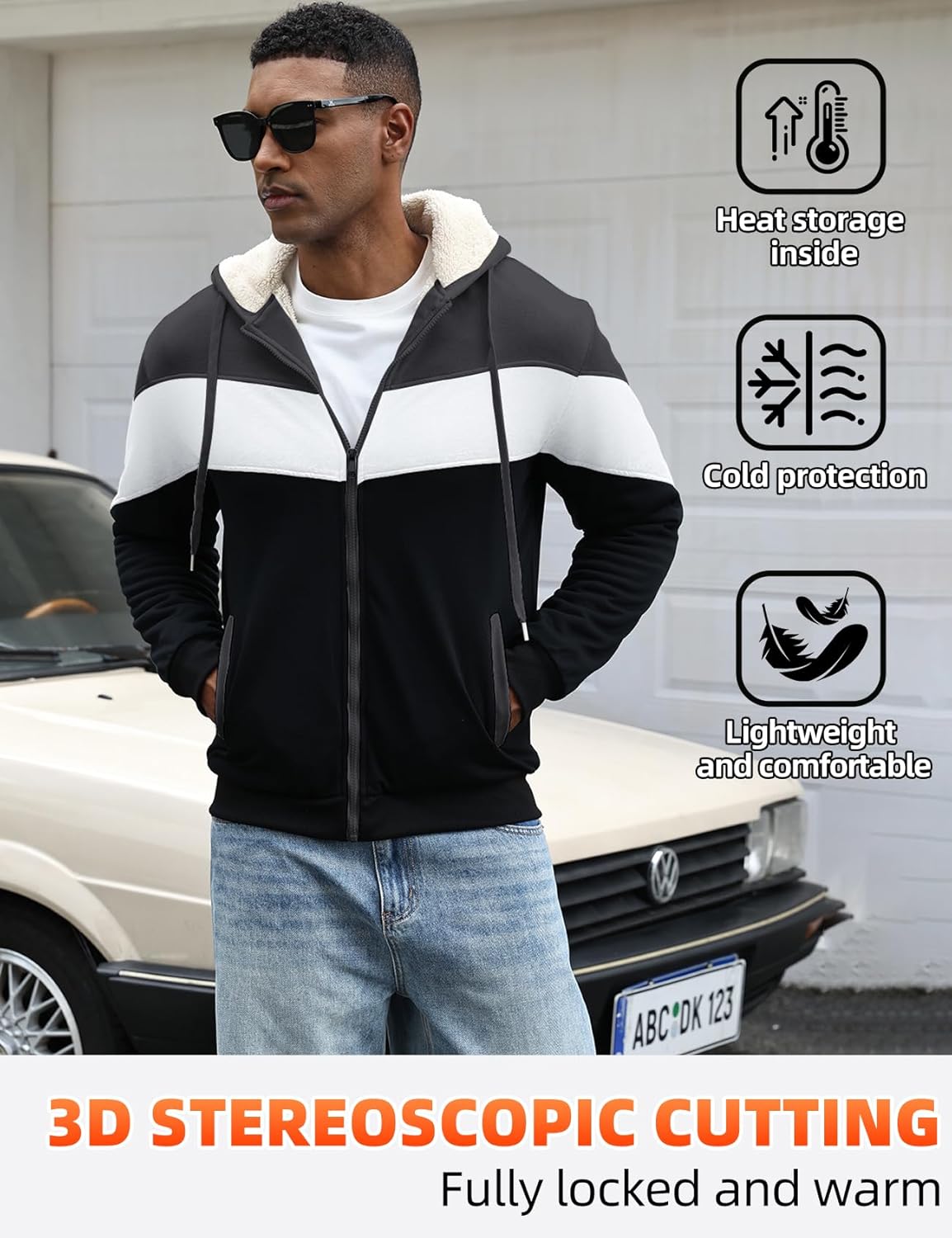 Gihuo Men's Winter Sherpa Fleece Lined Hoodie Color Block Full Zip Hooded Sweatshirt - Image 5