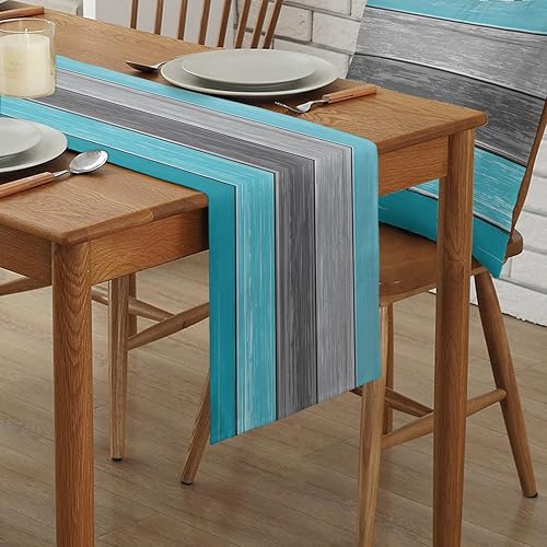 Miniatura 356 de Camino de mesa de algodón y lino estilo granja rústico retro, textura de madera de granero, color degradado marrón y gris, antideslizante,