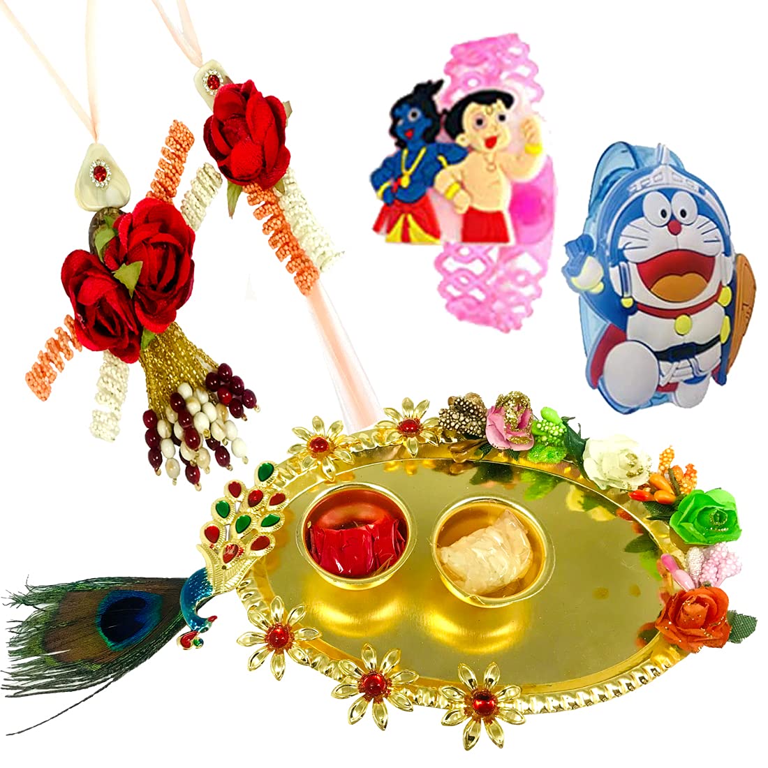 Evisha Pair Assorted Design Rakhi Roli Chawal Plate And 2 Kids Cartoon Character LED Rakhi For Brother And Bhabhi | Rakhi Combo-P-17-T-2LED ||rakhi set || rakhi for brother || bhaiya bhabhi rakhi (B099Q6JK7W) Amazon Price History, Amazon Price Tracker