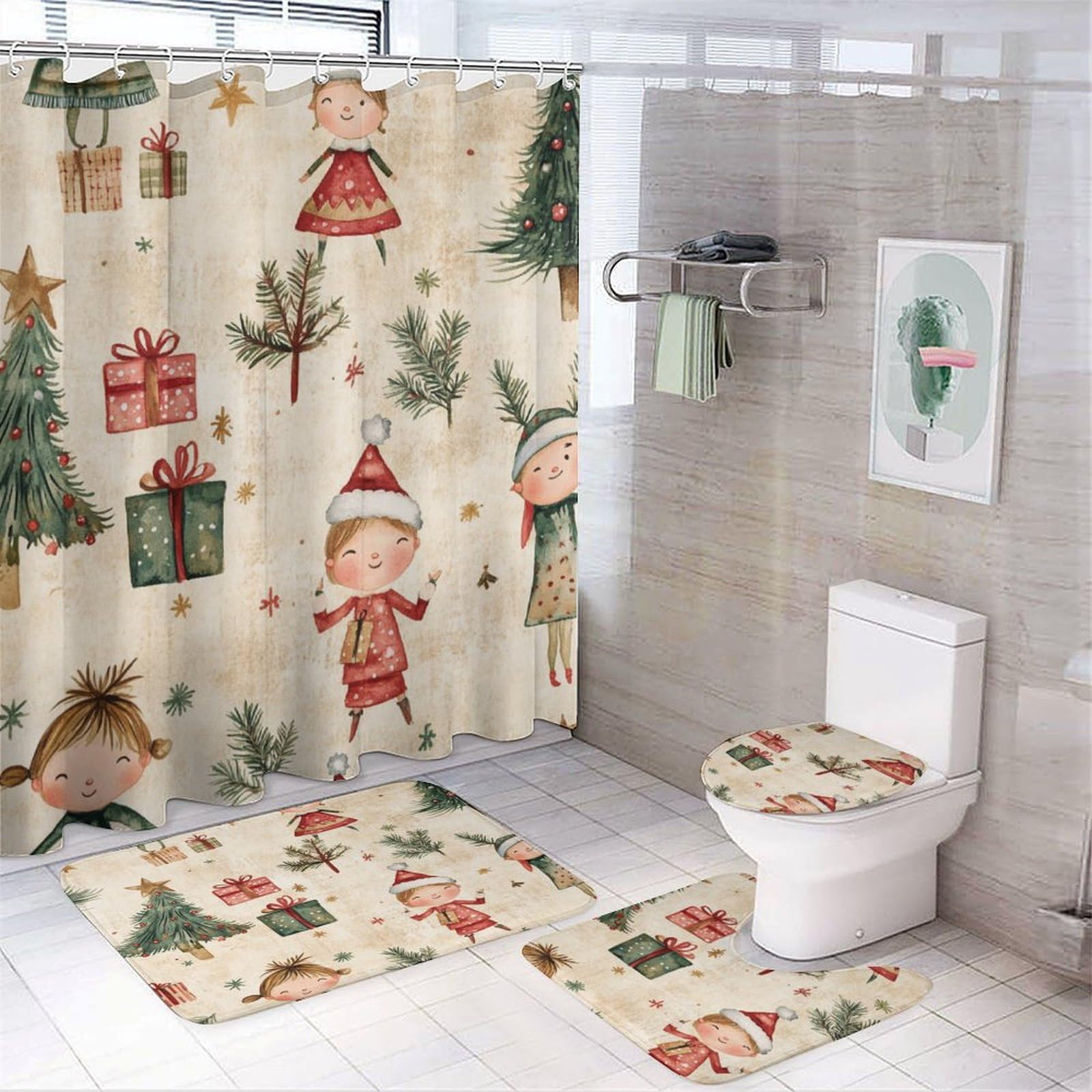 Feliz Navidad Baño de Cuatro Piezas Tappeto De Baño Absorbente Y Antideslizante, Ideal para Usar En Ducha Y Mantener El Suelo Seco 183×183cm