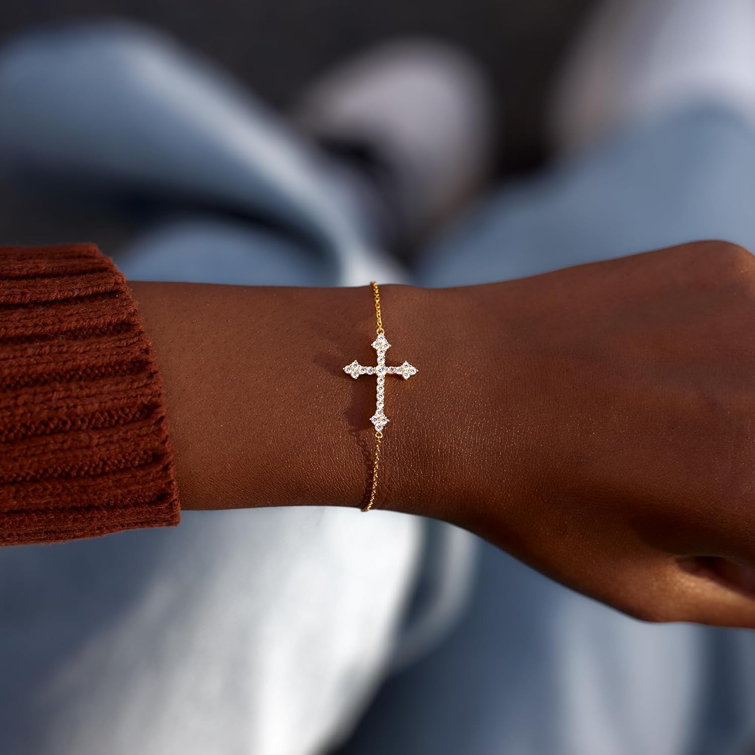 STORYJEWELLERY Sterling Silver Cross Bracelet for Women, Dainty Cubic Zirconia Religious Bracelet, 18K Gold Plated Charm Bracelet for Women, Christian Jewelry, Baptism Gifts, Confirmation Gifts - Image 2